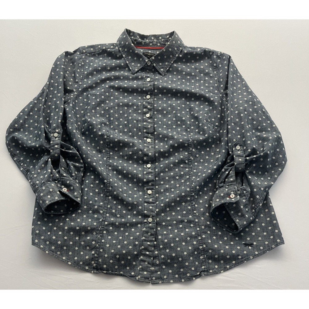 Talbots Blue Polka Dot Cotton Button Down Blouse Roll Tab Sleeve 16W